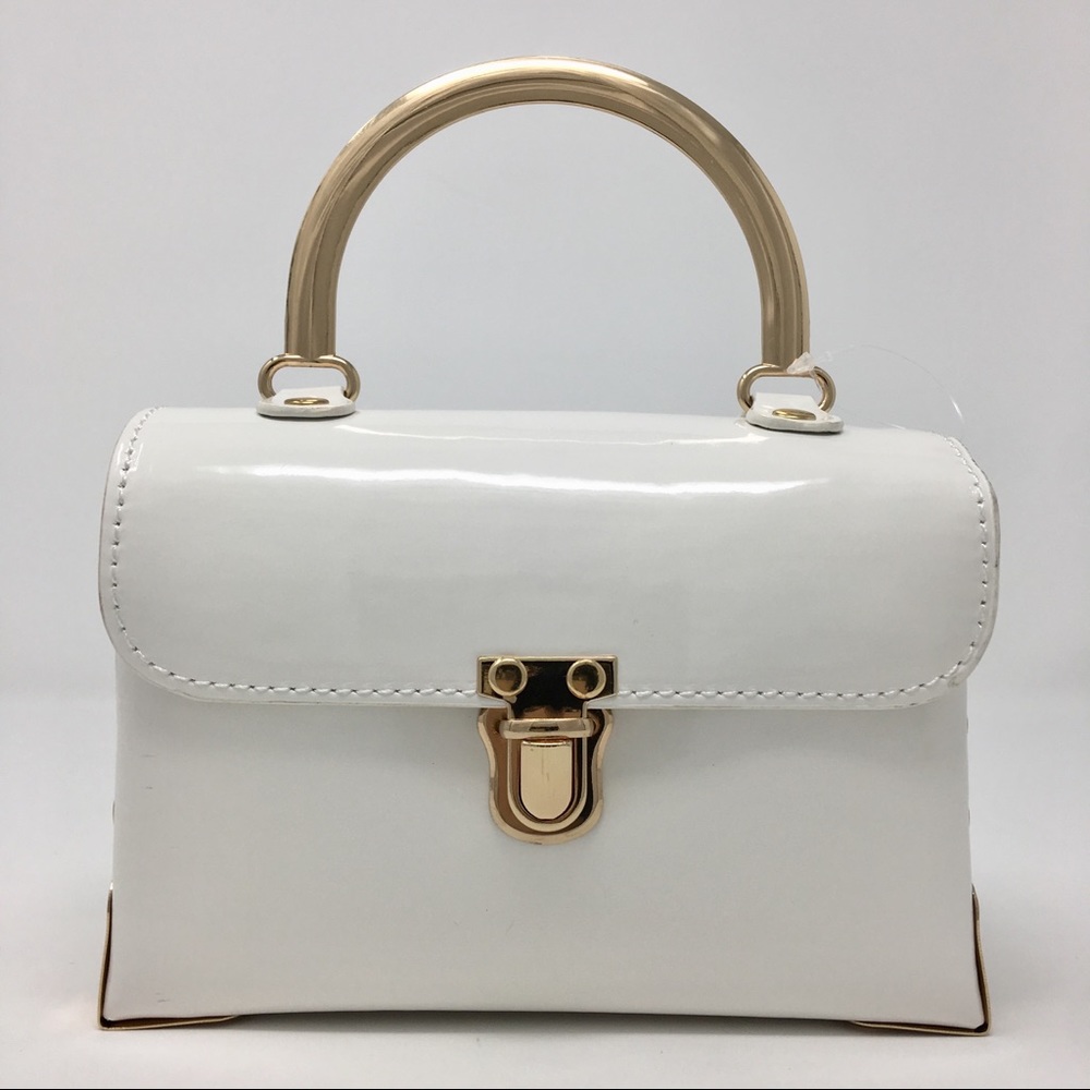 White Crossbody Bag PU Leather Gold Handbag Purse